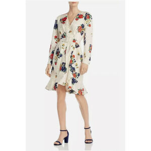 NWD Tory Burch Printed Floral Silk Wrap Ruffle Dress Size 2 Ivory #1E509